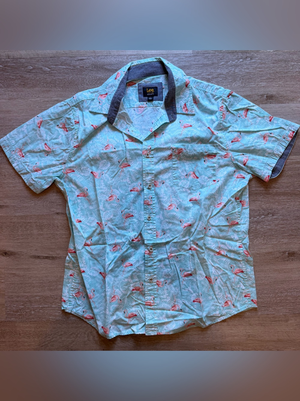 Lee Men's Aqua Button-Up Shirt with Pink Flamingo Print